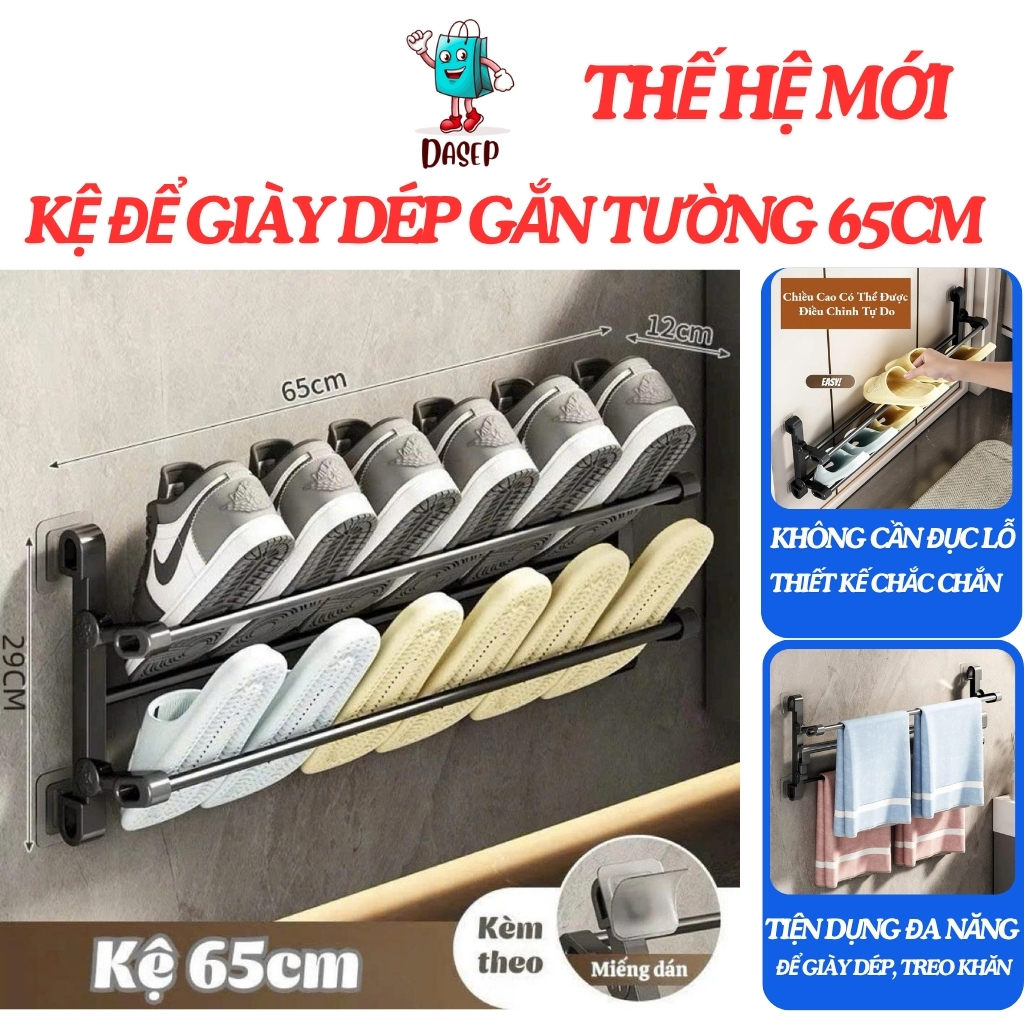 Kệ Để Giày Dép Gắn Tường Đa Năng 65CM DASEP, Không Cần Đục Lỗ, Khoan Tường Và Có Thể Gập Lại - Giá Để Giày Ngay Cửa