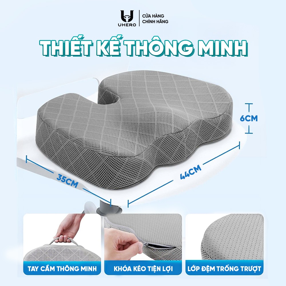 Đệm công thái học UHERO mút hoạt tính, gel hỗ trợ làm mát hỗ trợ phòng chống đau lưng DCTH