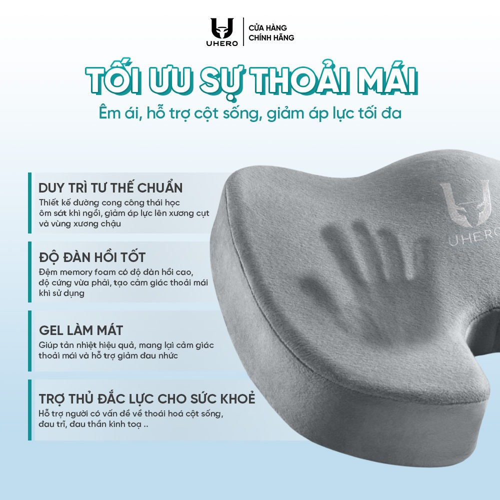 Đệm công thái học UHERO mút hoạt tính, gel hỗ trợ làm mát hỗ trợ phòng chống đau lưng DCTH