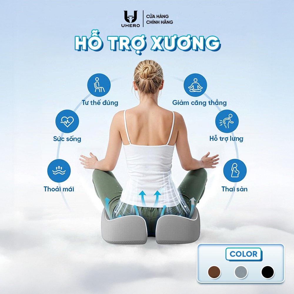 Đệm công thái học UHERO mút hoạt tính, gel hỗ trợ làm mát hỗ trợ phòng chống đau lưng DCTH
