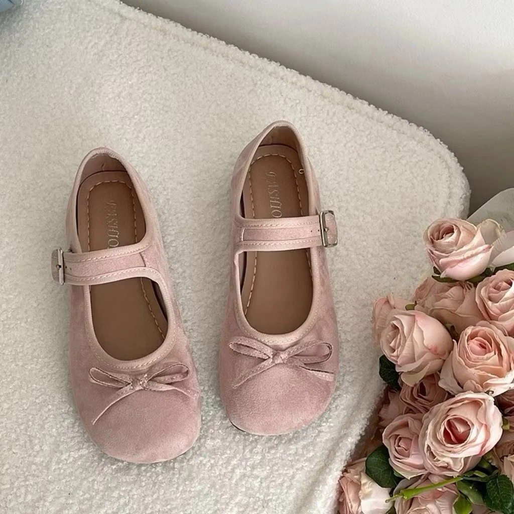 [Peinn] Giày búp bê nữ mũi tròn retro phối nơ chất da lộn lên chân siêu đẹp mã qv26