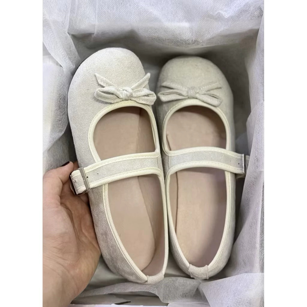 [Peinn] Giày búp bê nữ mũi tròn retro phối nơ chất da lộn lên chân siêu đẹp mã qv26