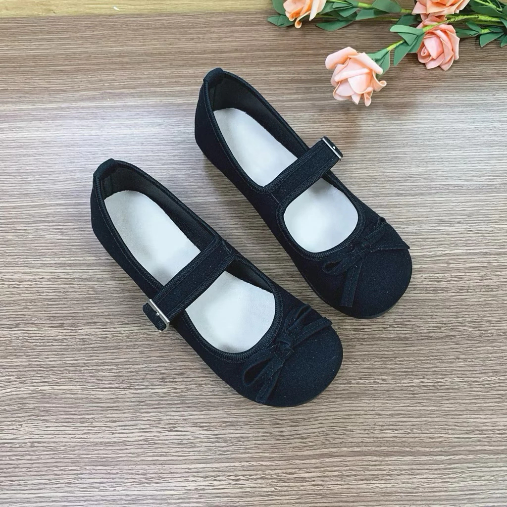 [Peinn] Giày búp bê nữ mũi tròn retro phối nơ chất da lộn lên chân siêu đẹp mã qv26