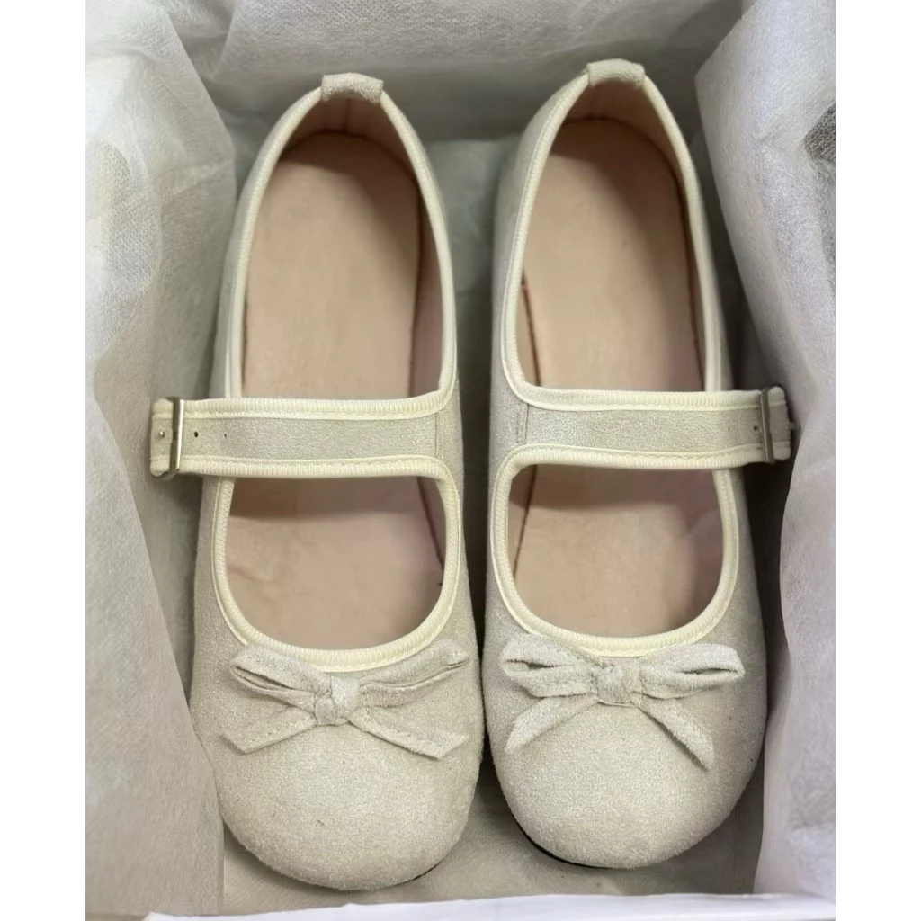 [Peinn] Giày búp bê nữ mũi tròn retro phối nơ chất da lộn lên chân siêu đẹp mã qv26