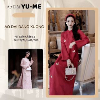 Áo Dài Lam Yên Cách Tân 2 Tà Dáng Xuông Chất Liệu Gấm Châu Sa In Hoa Nổi Cao Cấp, Đính Charm Trên Tà Áo