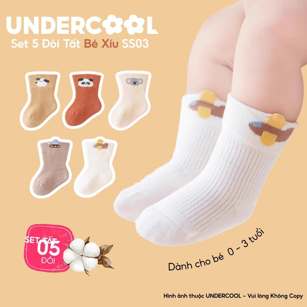 Set 5 Đôi Tất Trẻ Em UNDERCOOL, Sơ sinh cotton mềm mịn, cao cổ, co giãn tốt cho bé, họa tiết gấu koala 0-3 tuổi SS03
