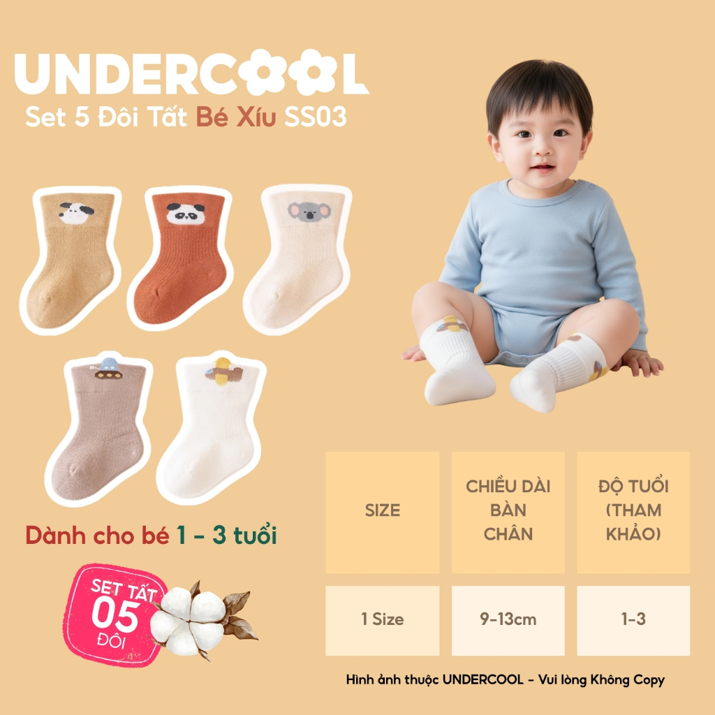 Set 5 Đôi Tất Trẻ Em UNDERCOOL, Sơ sinh cotton mềm mịn, cao cổ, co giãn tốt cho bé, họa tiết gấu koala 0-3 tuổi SS03