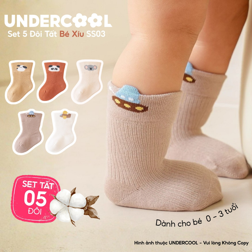 Set 5 Đôi Tất Trẻ Em UNDERCOOL, Sơ sinh cotton mềm mịn, cao cổ, co giãn tốt cho bé, họa tiết gấu koala 0-3 tuổi SS03
