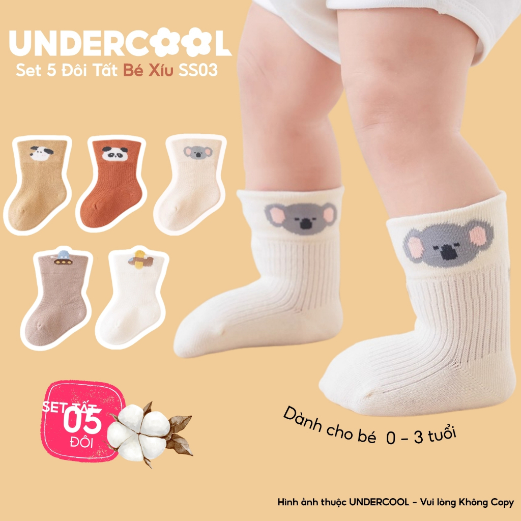 Set 5 Đôi Tất Trẻ Em UNDERCOOL, Sơ sinh cotton mềm mịn, cao cổ, co giãn tốt cho bé, họa tiết gấu koala 0-3 tuổi SS03