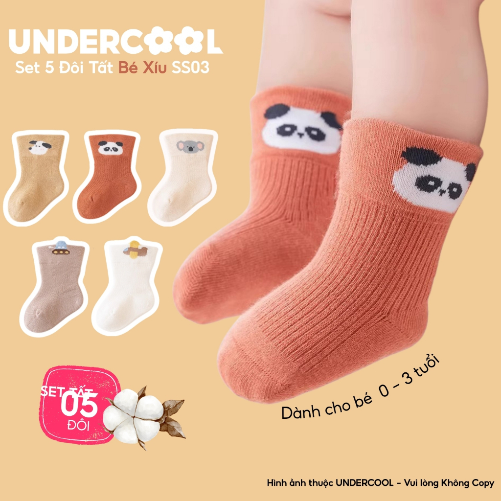 Set 5 Đôi Tất Trẻ Em UNDERCOOL, Sơ sinh cotton mềm mịn, cao cổ, co giãn tốt cho bé, họa tiết gấu koala 0-3 tuổi SS03