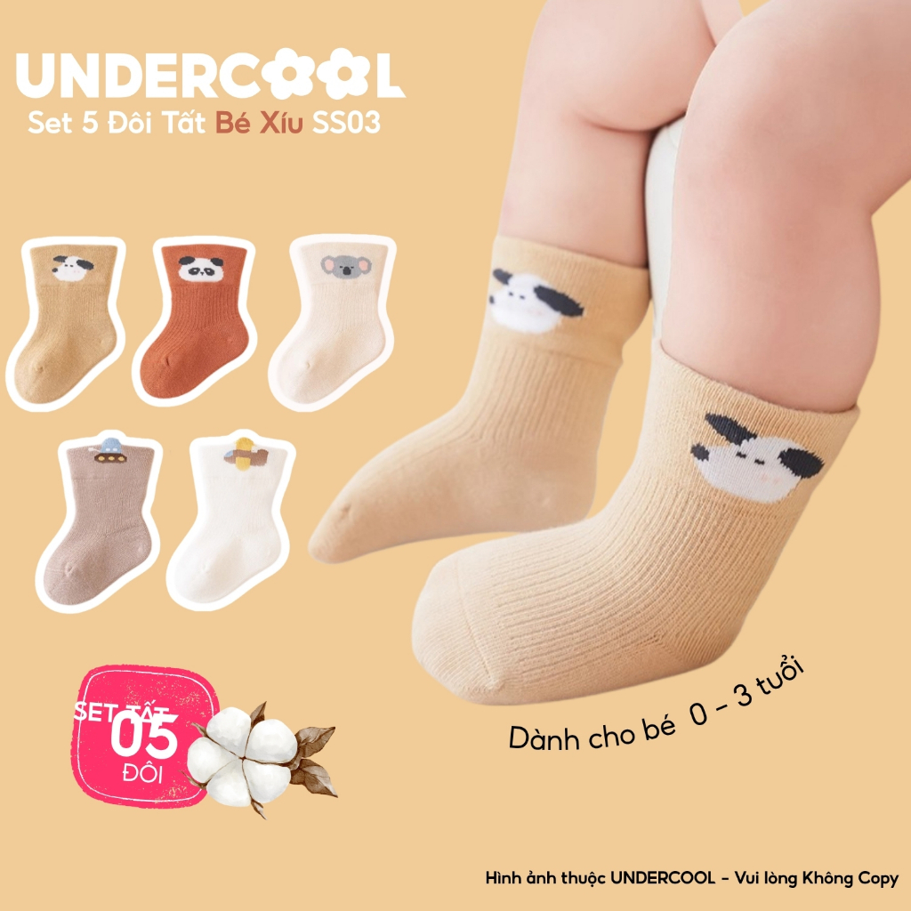 Set 5 Đôi Tất Trẻ Em UNDERCOOL, Sơ sinh cotton mềm mịn, cao cổ, co giãn tốt cho bé, họa tiết gấu koala 0-3 tuổi SS03