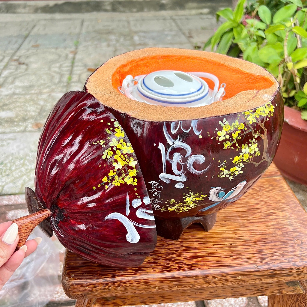 [ SIZE 800ML - 1000ML ] Bình Ủ Trái Dừa Vẽ Thư Pháp Mẫu TÀI LỘC NHO MAI Giữ Nhiệt Ấm Trà Cao Cấp, Trang Trí Bàn Trà Sang
