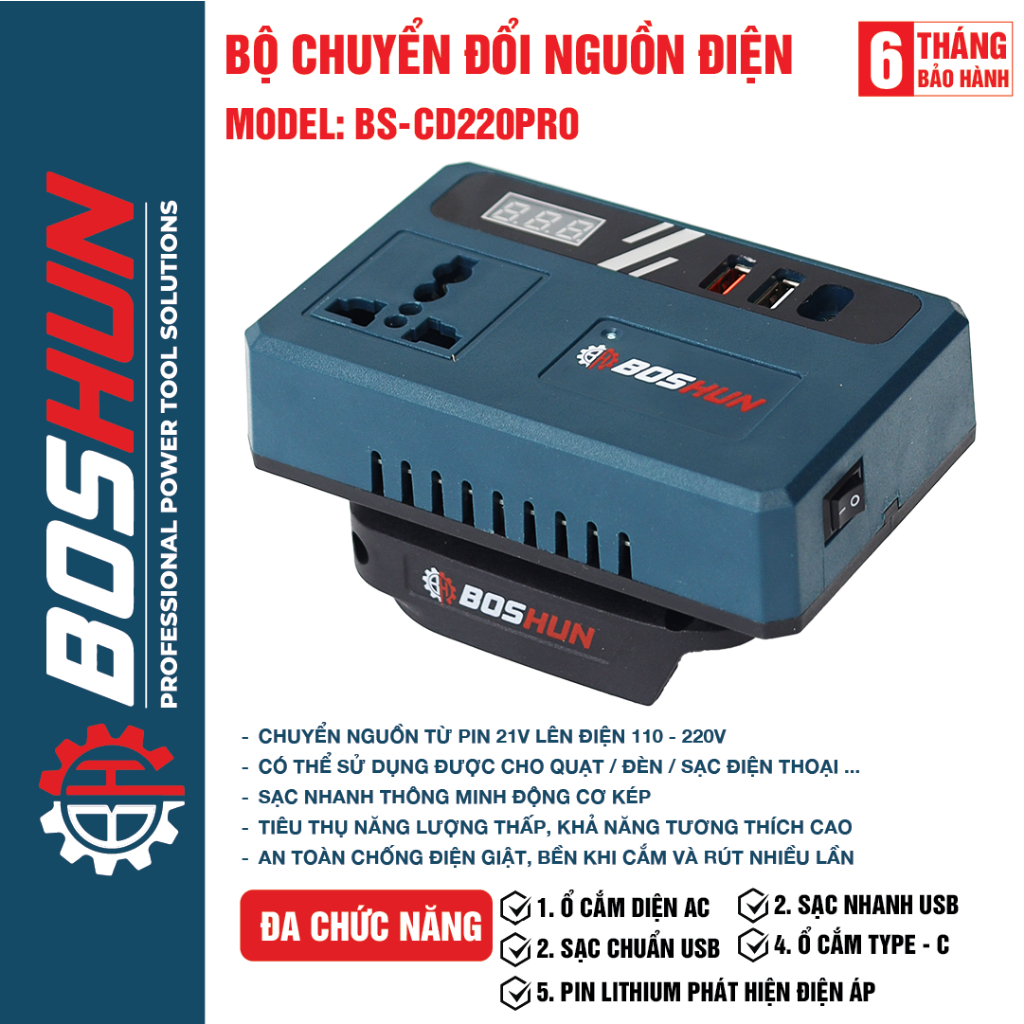 [ĐÈN LED] Bộ Chuyển Đổi Biến Tần 12-220V Boshun BS-CD220PRO, 2 Ô Cắm/ Đèn LED, Kèm Pin Sạc Nhựa ABS