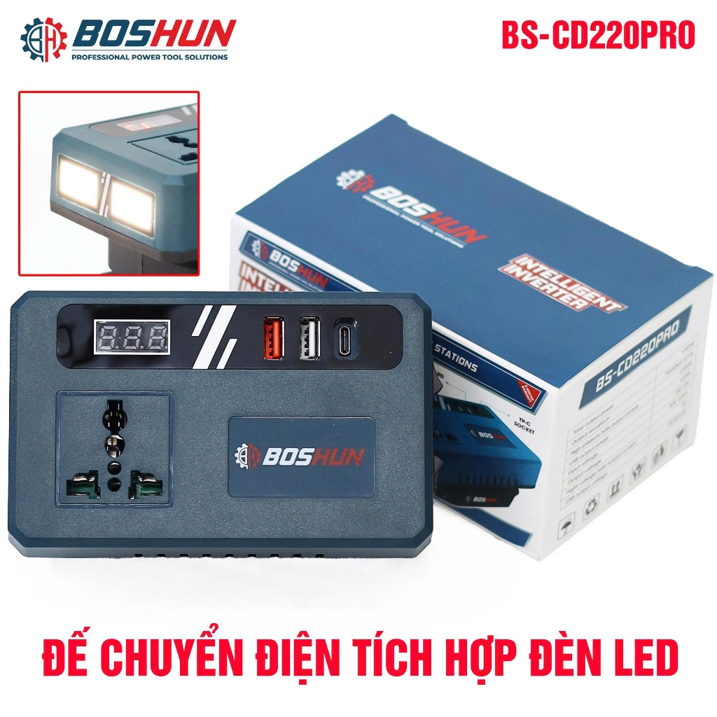 Đế Chuyển Tần Boshun BS-CD220PRO 2 Đèn chuyển từ pin 21V lên 110V - 220v, Chân Pin Phổ Thông 4cm