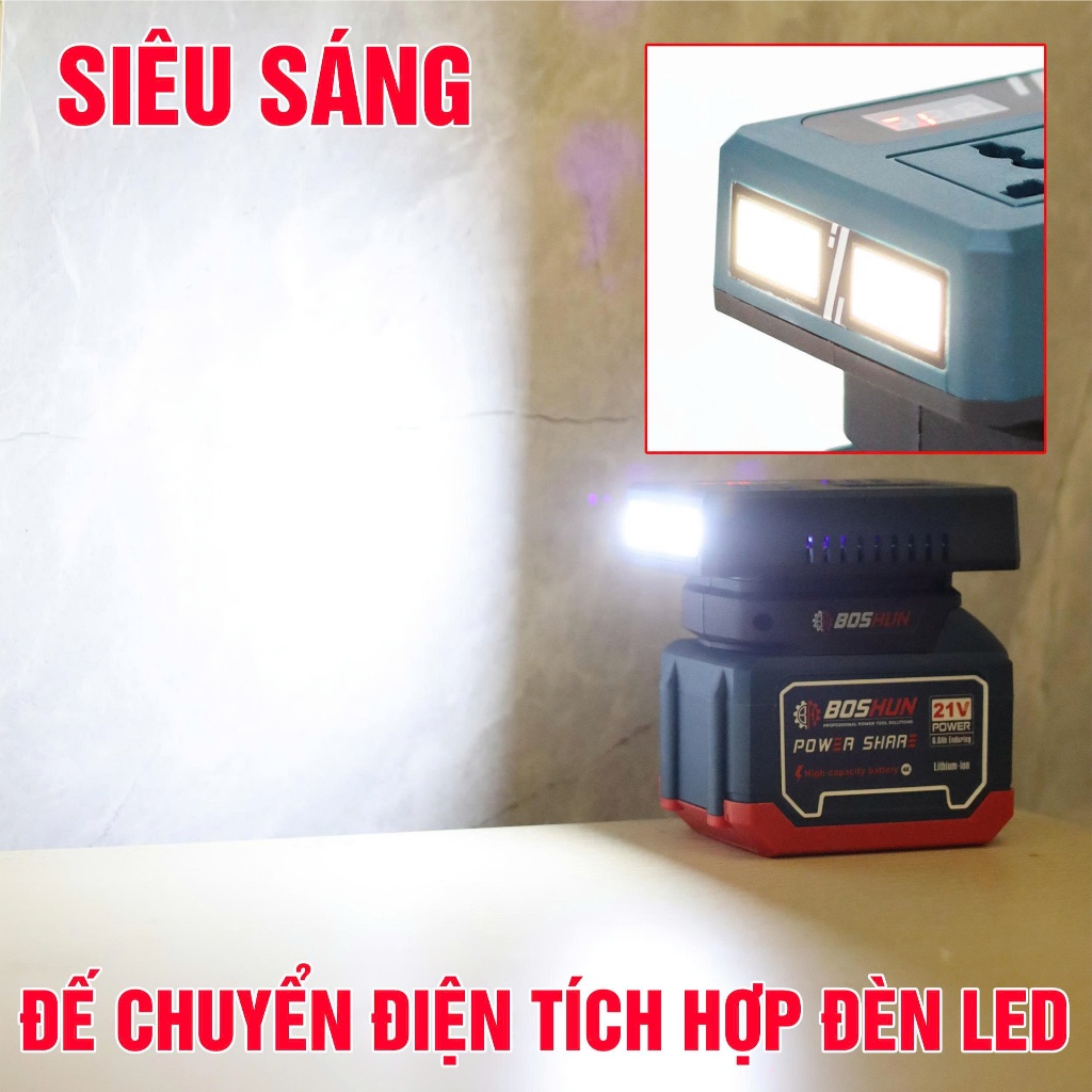 Đế Chuyển Tần Boshun BS-CD220PRO 2 Đèn chuyển từ pin 21V lên 110V - 220v, Chân Pin Phổ Thông 4cm