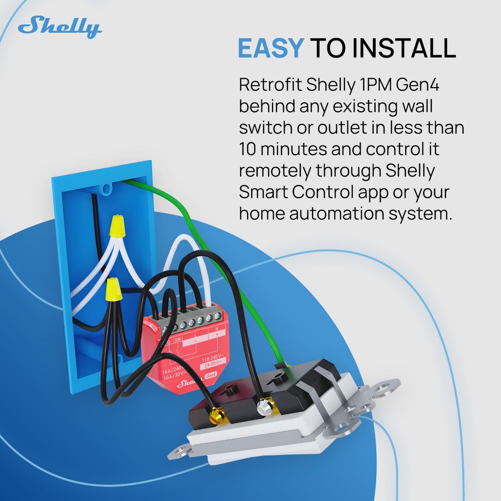 Shelly 1PM Gen4 Công tắc thông minh Zigbee Matter Wi-Fi có chức năng giám sát năng lượng, hỗ trợ nhiều giao thức