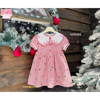 Đầm Bé Gái Lá Cổ Thêu Nơ AZD591 – Váy Bé Gái Noel Dễ Thương, Đầm Tiểu Thư Cổ Điển Cao Cấp