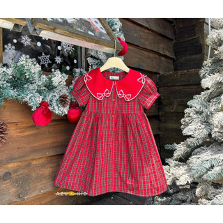 Đầm Bé Gái Lá Cổ Thêu Nơ AZD591 – Váy Bé Gái Noel Dễ Thương, Đầm Tiểu Thư Cổ Điển Cao Cấp