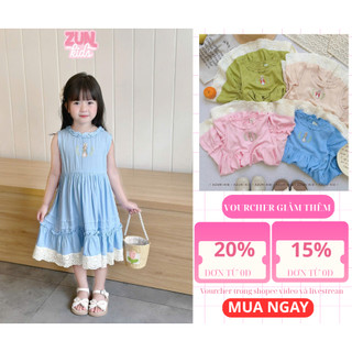 Đầm Bé Gái Thêu Hình Thỏ AZD533 – Váy Lolita Vintage Phối Ren, Chất Linen Lụa Mềm Mịn Dễ Thương
