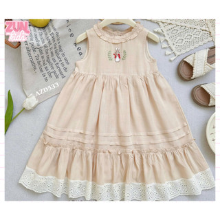 Đầm Bé Gái Thêu Hình Thỏ AZD533 – Váy Lolita Vintage Phối Ren, Chất Linen Lụa Mềm Mịn Dễ Thương