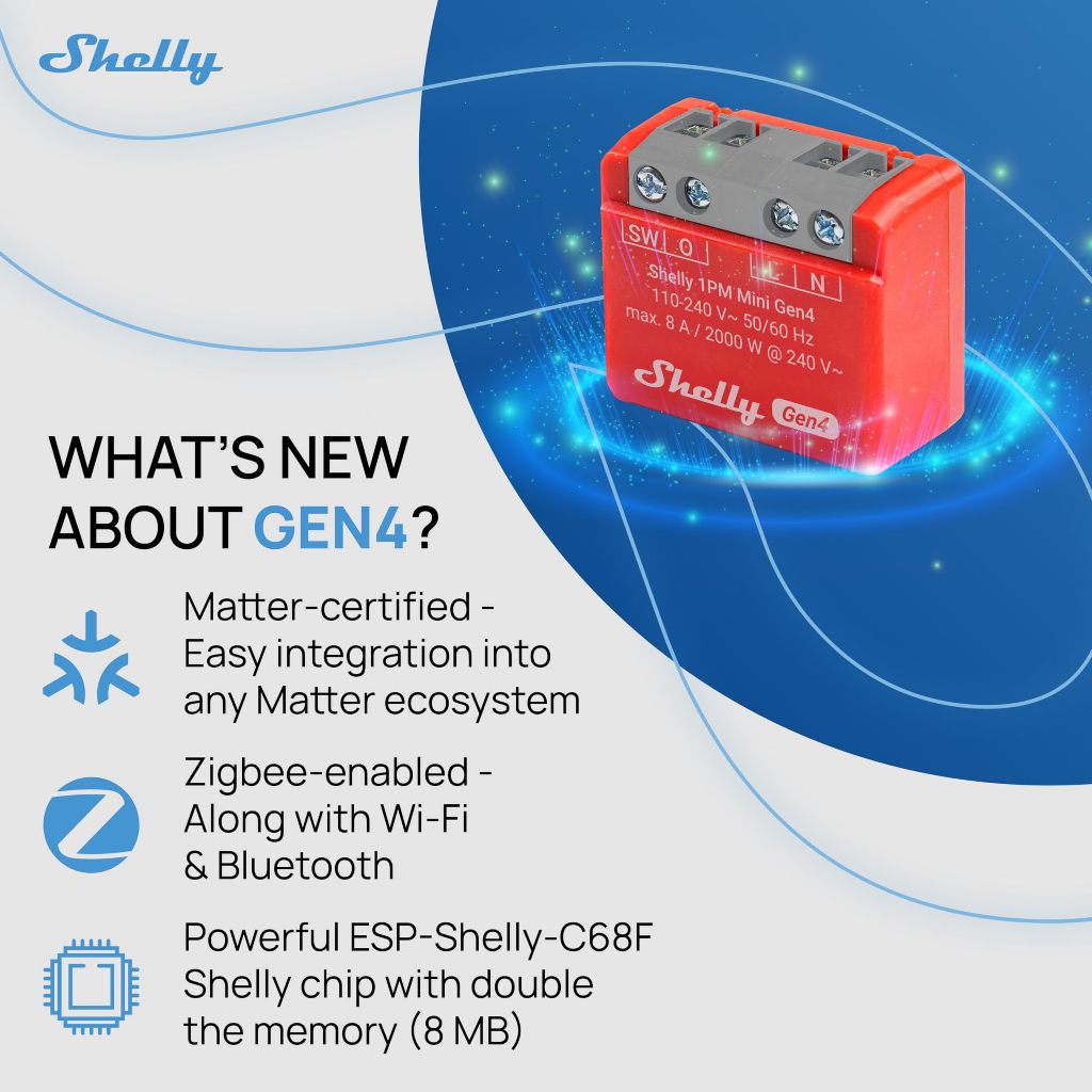 Công tắc wifi thông minh Shelly 1PM Mini Gen4 đo điện điều khiển từ xa qua điện thoại hẹn giờ bật tắt