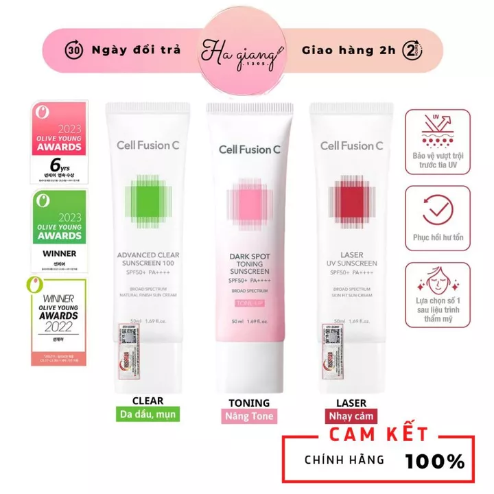 Kem Chống Nắng Cell Fusion C Mẫu Mới - Đỏ (Laser), Xanh (Clear), Hồng (Toning) SPF50+/PA+++