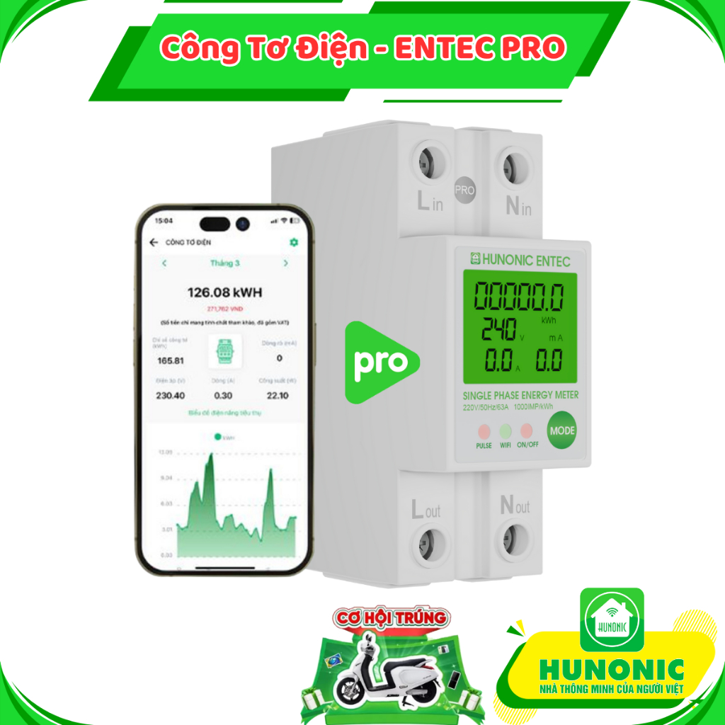 [PRO] Công Tơ Điện Thông Minh Hunonic ENTEC PRO - Đồng Hồ Đo Điện 63A ...