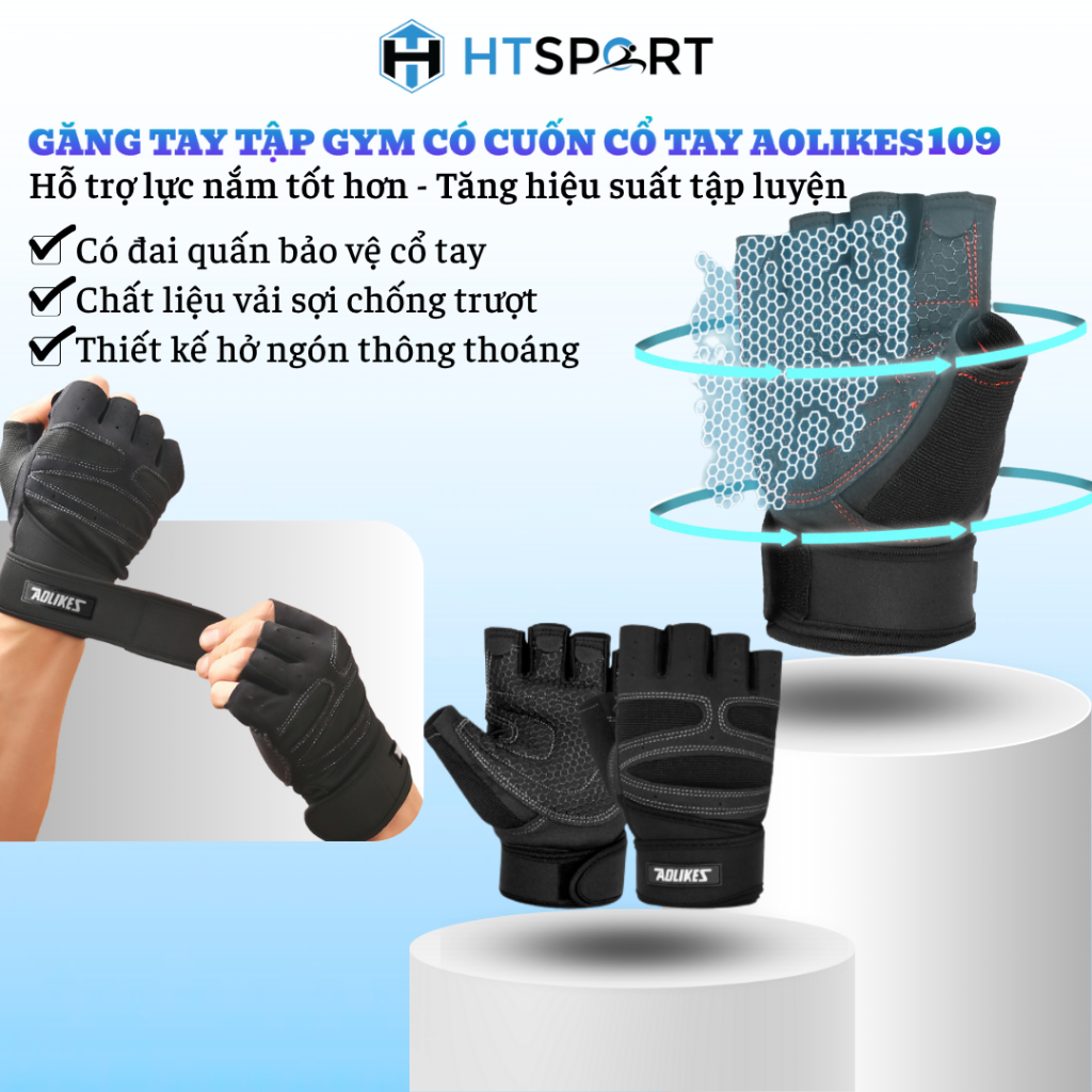 Găng Tay Tập Gym Có Cuốn Cổ Tay Aolikes A-109, Găng Tay Hở Ngón Tập Tạ, Thể Hình, Thể Thao Nam Nữ