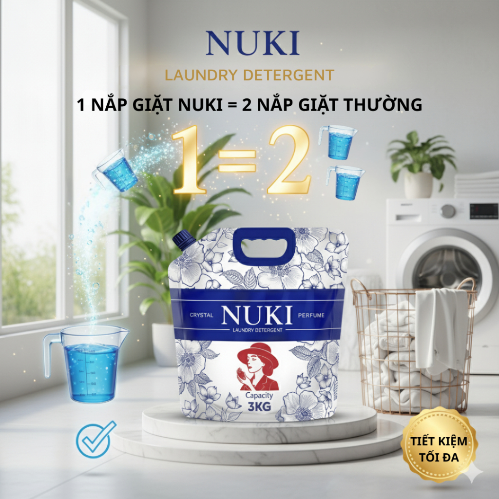 Nước Giặt Xả NUKI 3kg COMBO 2 TÚI (6kg) + TẶNG 1KG Bột Giặt - Hương Nước Hoa Pháp Lưu 48H