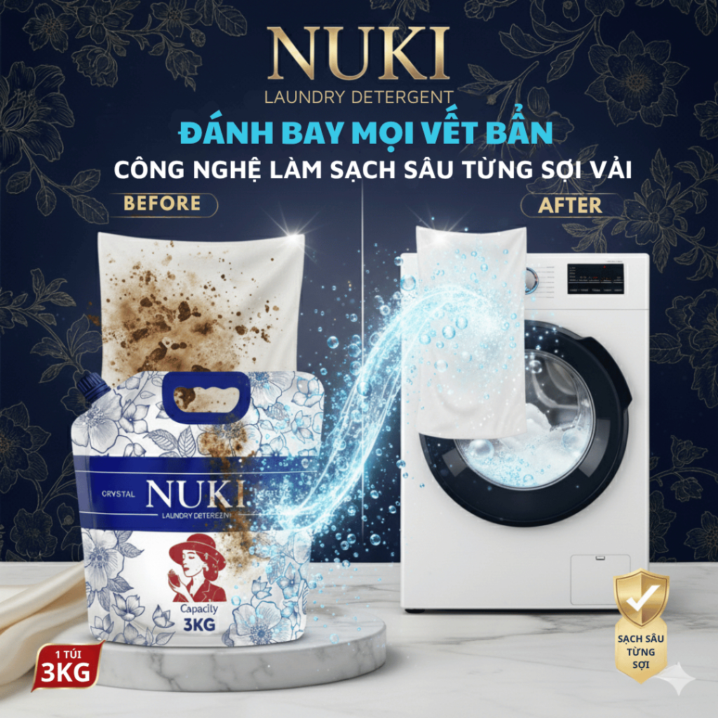 Nước Giặt Xả NUKI 3kg COMBO 2 TÚI (6kg) + TẶNG 1KG Bột Giặt - Hương Nước Hoa Pháp Lưu 48H