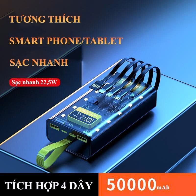 Pin Sạc Dự Phòng 50000MAH sạc nhanh PD22,5W/20W trong suốt tích hợp 4 dây sạc tích