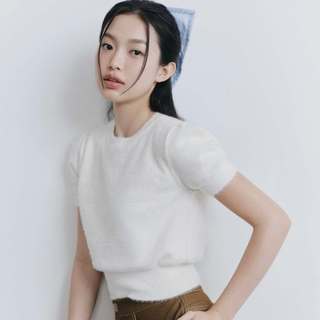 Áo thun len OLV phối lông tay ngắn màu sắc ngọt ngào Fuzzy Knit Round Neck nhiều màu đi chơi đi làm