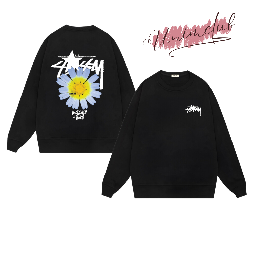 Áo Sweater Hoa Cúc STuss.y Form Unisex Dáng Rộng Âu Mỹ Nam Nữ Chất Liệu Nỉ Chân Cua Cotton CVC Chống Bong Nứt Hình