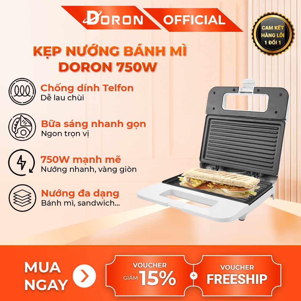 Máy nướng bánh mì sandwich DORON 750W làm nóng đều 2 mặt khuôn, bánh thơm ngon