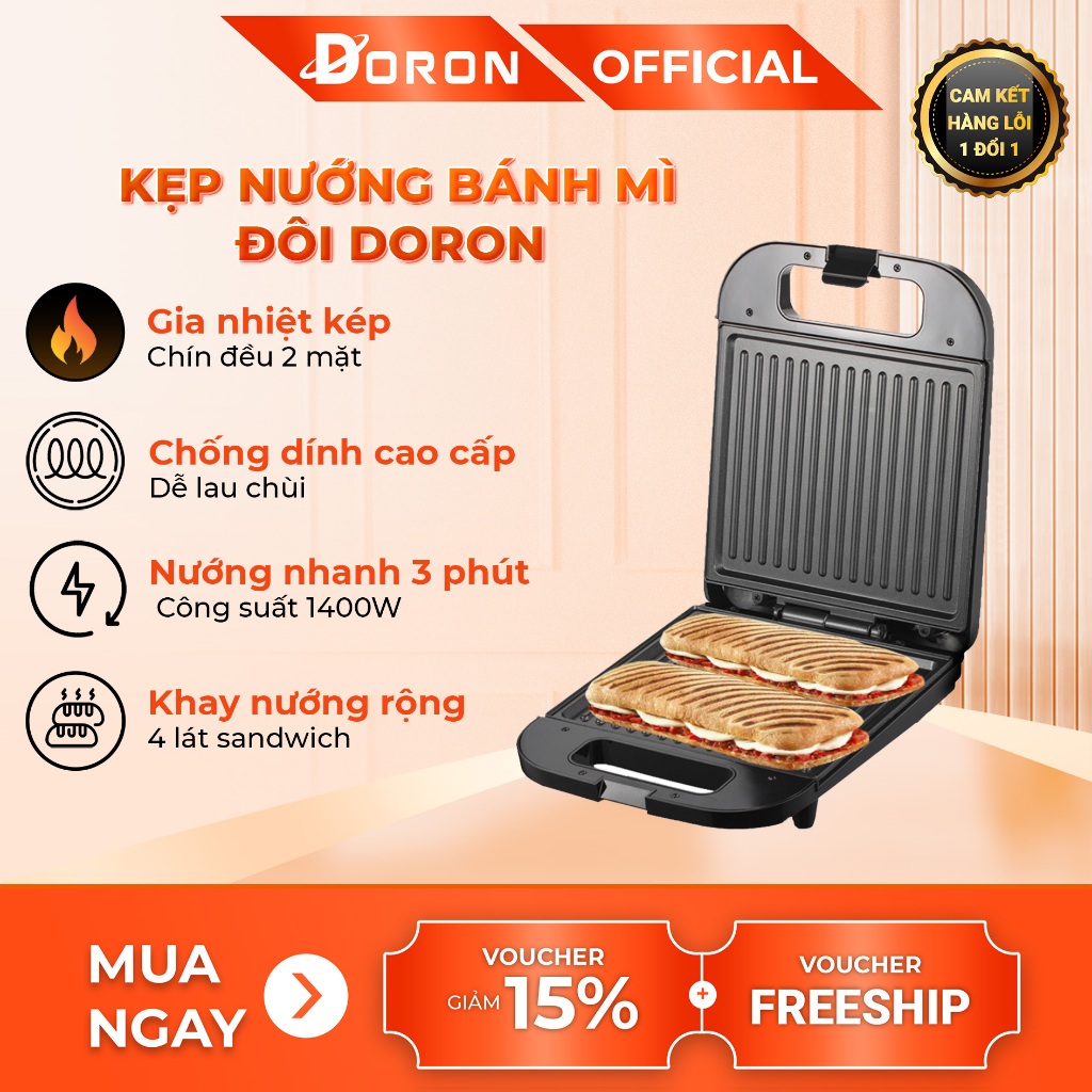 Máy kẹp bánh mì DORON 1400W làm nóng đều 2 mặt khuôn, bánh thơm ngon
