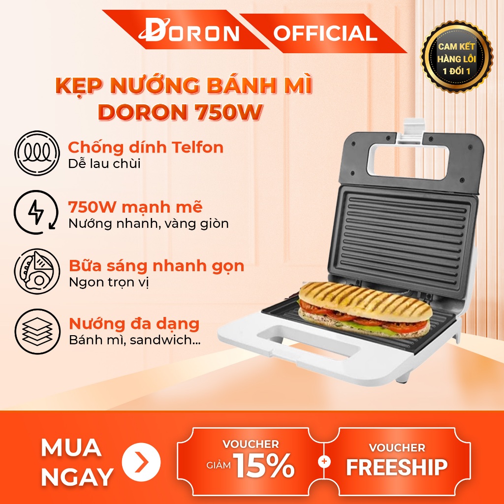 Máy kẹp bánh mì DORON 750W làm nóng nhanh, bánh chín đều 2 mặt
