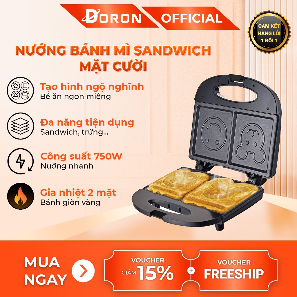 Máy kẹp bánh mì gấu, máy nướng bánh mì DORON 750W khuôn hình mặt gấu, mặt cười ngộ nghĩnh
