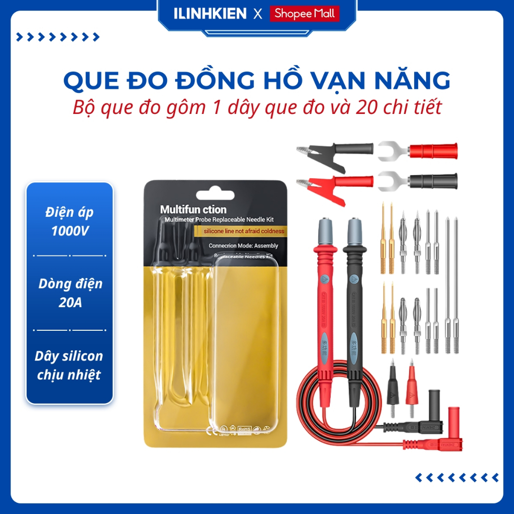 Que đo đồng hồ vạn năng dây đo thay dổi kim silicon mềm dẻo chịu nhiệt chống cháy 20A1000V ilinhkien