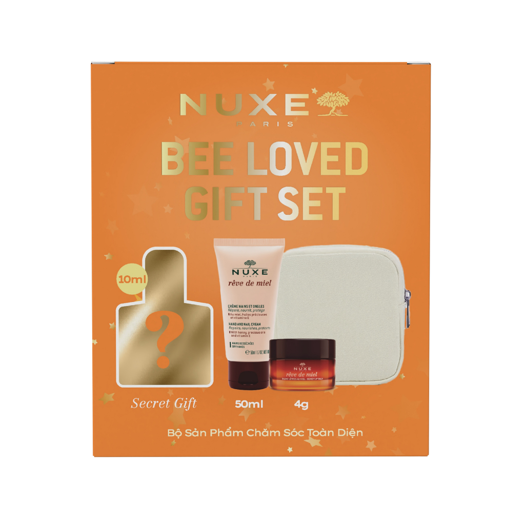 Bộ quà tặng Nuxe Bee Loved Gift (Gồm Kem dưỡng da tay 50ml & Sáp dưỡng môi 15g & Dầu dưỡng 10ml & Túi cầm tay)