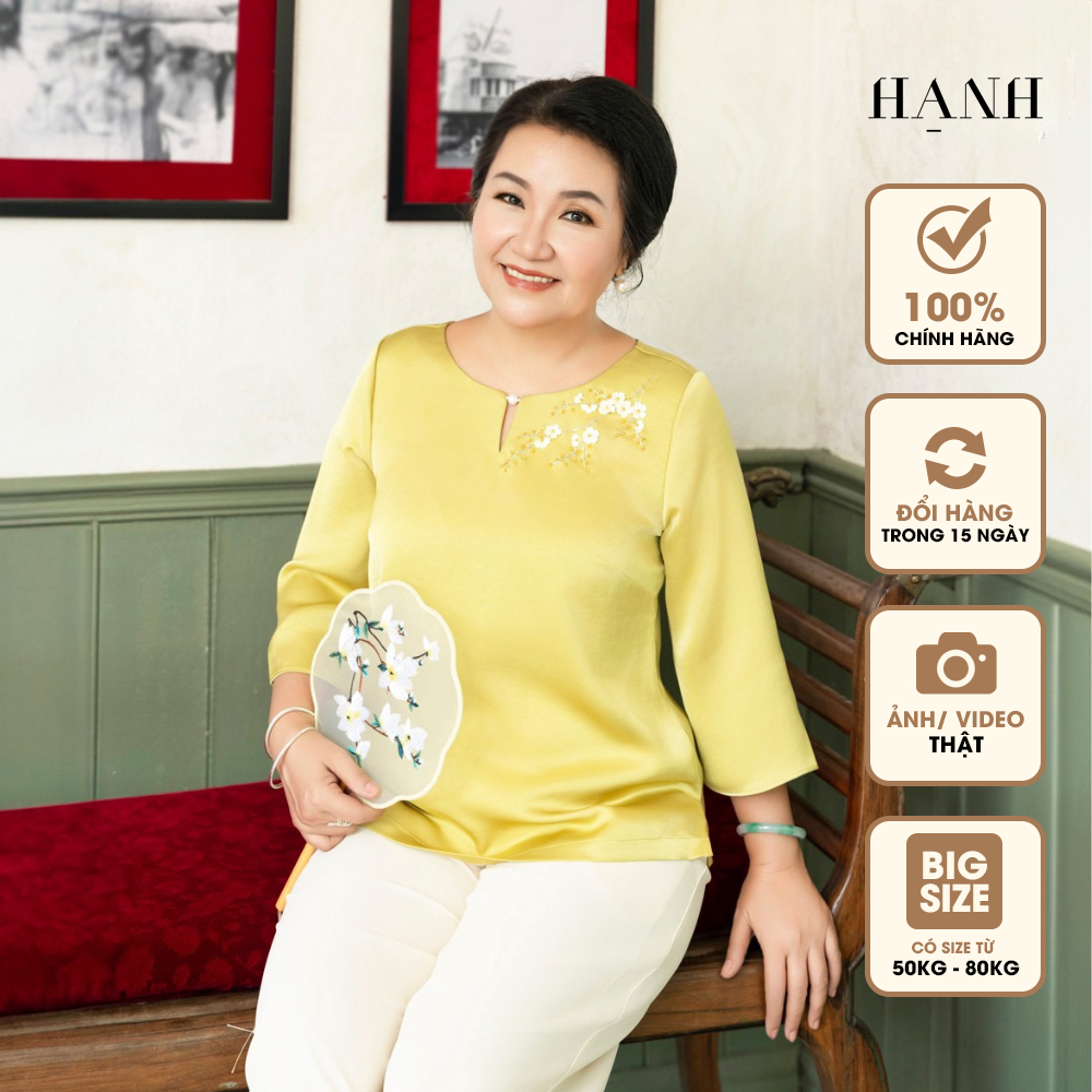 HẠNH - Áo kiểu trung niên tặng mẹ cổ tròn cách điệu thêu hoa mai kết hạt châu tay lửng 2472/4.549