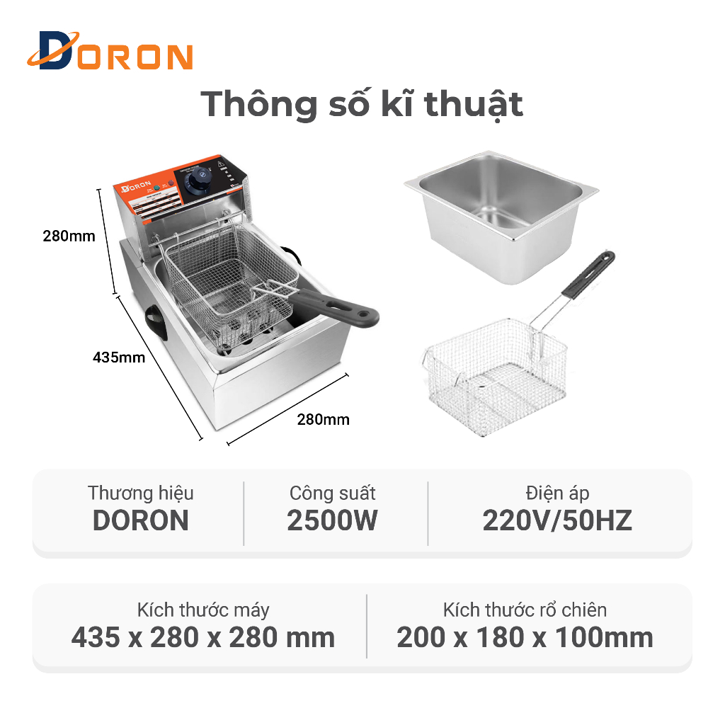 Bếp chiên nhúng điện DORON 2500W hệ thống gia nhiệt kép nóng nhanh, sôi mạnh