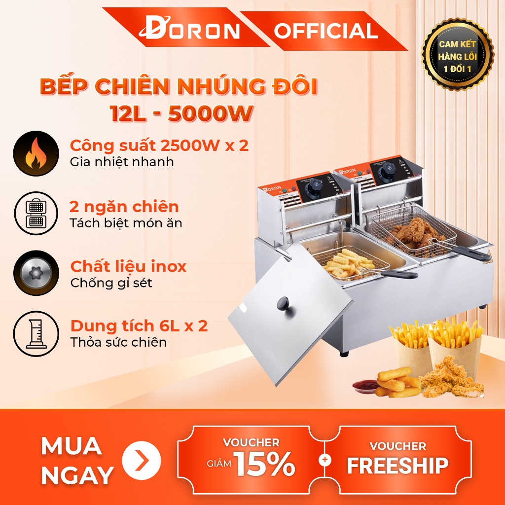 Bếp chiên ngập dầu DORON 12L đôi - 5000W nhiệt độ cao, sôi cực nhanh
