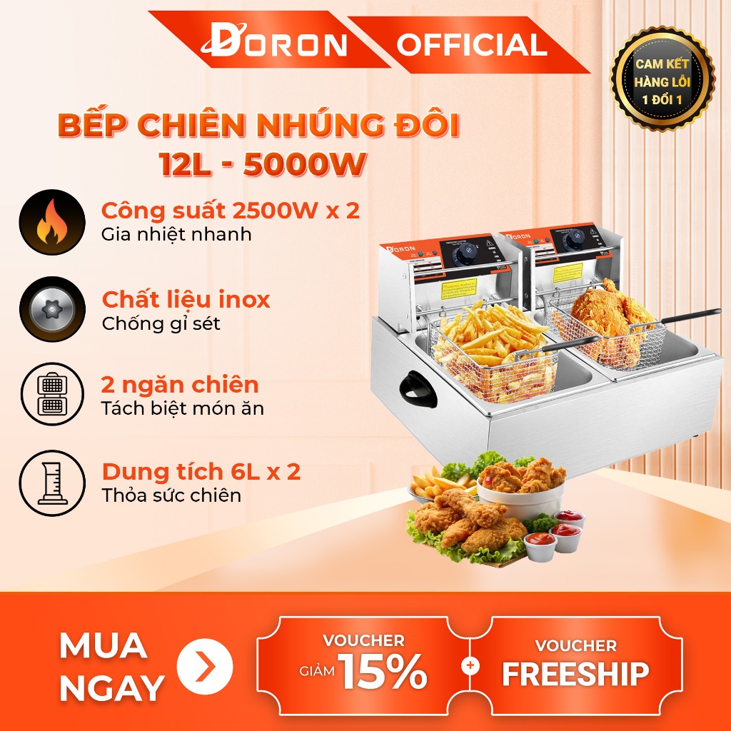 Bếp chiên dầu DORON 12L - 5000W đa năng chiên gà rán, khoai tây, đồ ăn nhanh