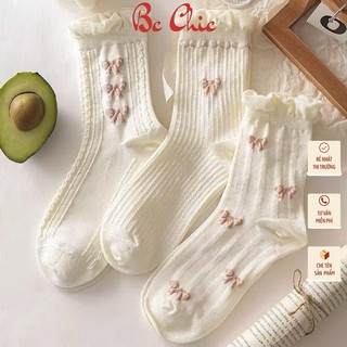 Tất cổ cao, tất nữ hoạ tiết hình hoa nền trắng dễ thương T783 BC_CHIC LINGERIE