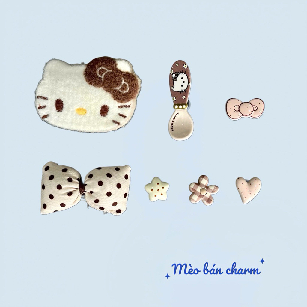 [Sẵn Ship] Set Charm Gắn Dép Mèo Kít ti Nâu, Nơ Chấm Bi, Thìa Trắng Nâu ...