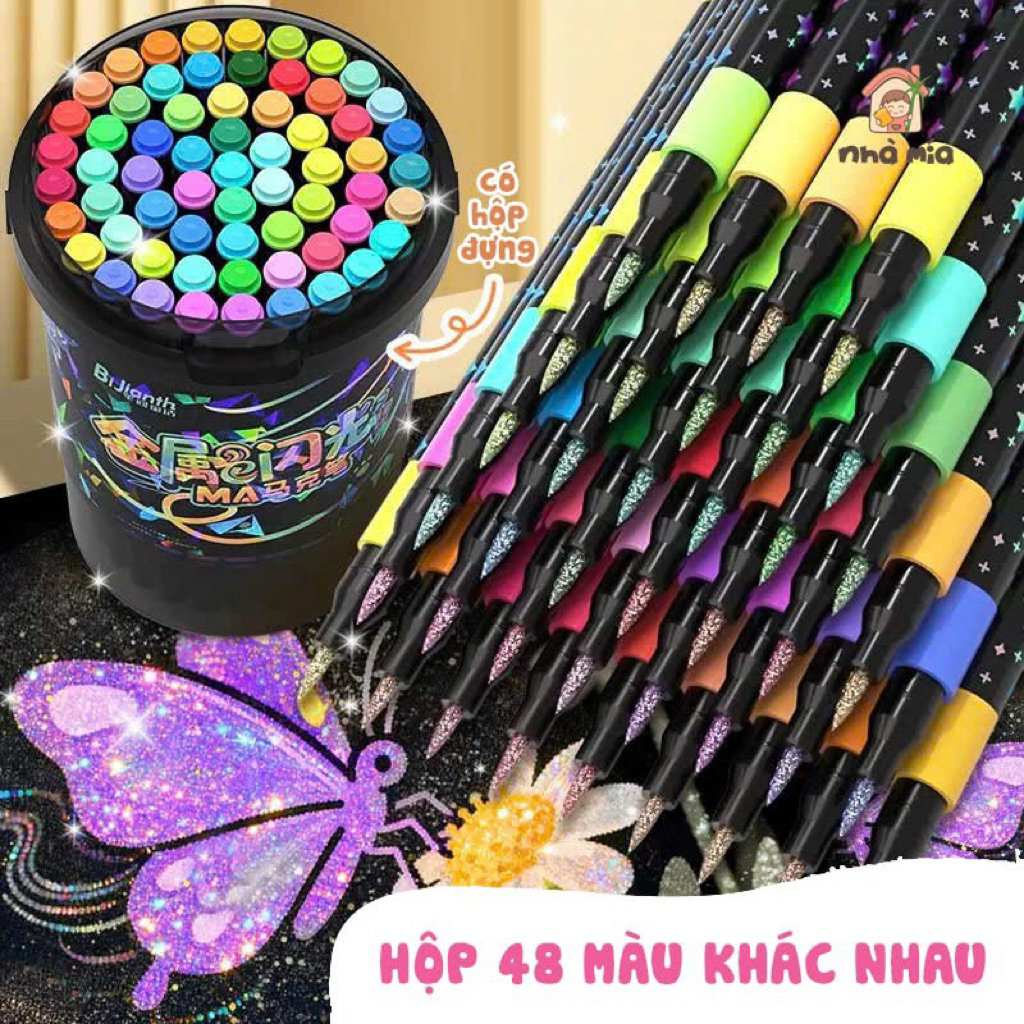 Hộp 48 màu nhũ lấp lánh, bút nhũ lấp lánh cho bé kèm hộp đựng, bút vẽ có nhũ lấp lánh siêu xinh