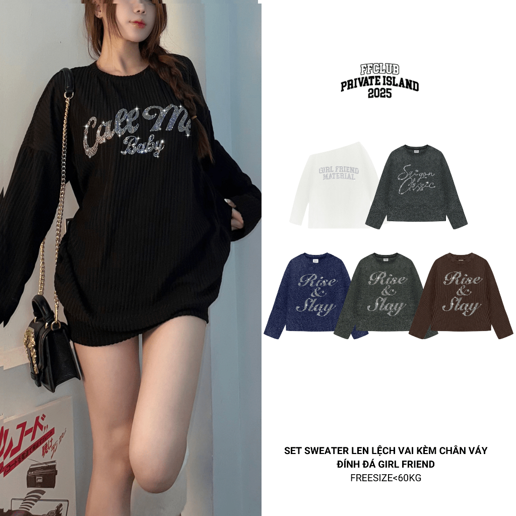 [ CÓ TÁCH SET ]SET SWEATER LEN LỆCH VAI KÈM CHÂN VÁY ĐÍNH ĐÁ GIRL FRIEND FF MIX