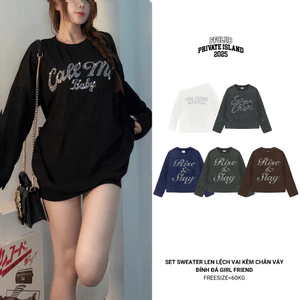 SET SWEATER LEN LỆCH VAI KÈM CHÂN VÁY ĐÍNH ĐÁ GIRL FRIEND FF MIX