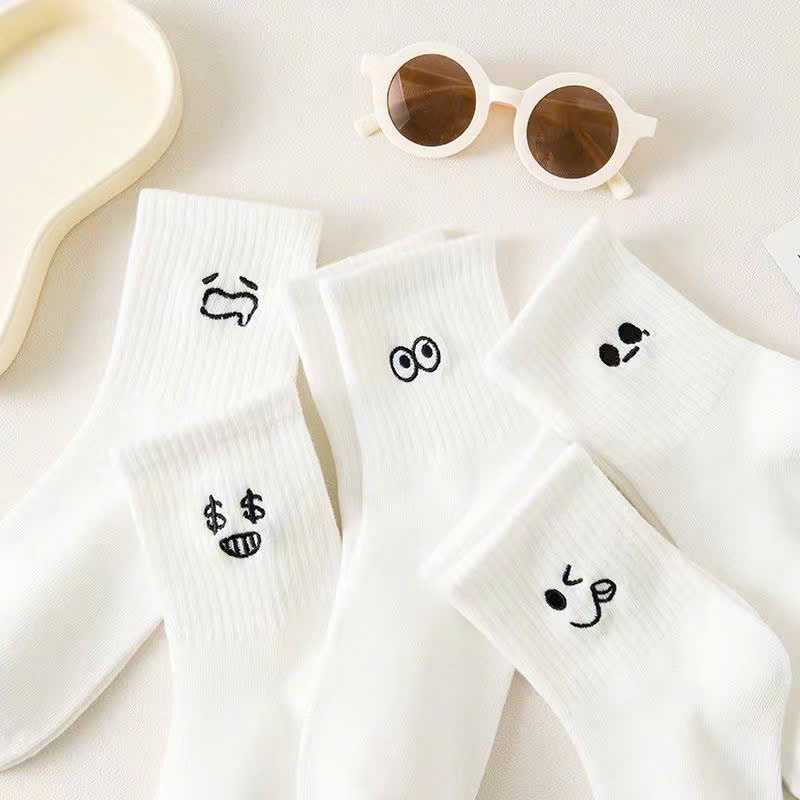Lố 10 Đôi tất trắng cổ cao in hình icon cảm xúc biểu cảm dễ thương dài 30cm chất cotton co giãn thoáng khí nam nữ