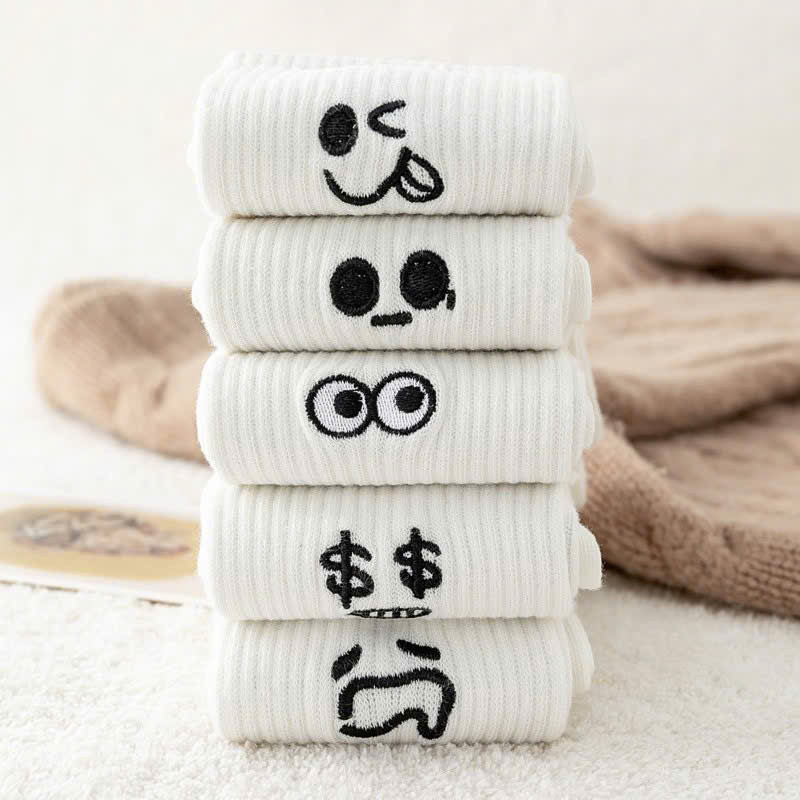 Lố 10 Đôi tất trắng cổ cao in hình icon cảm xúc biểu cảm dễ thương dài 30cm chất cotton co giãn thoáng khí nam nữ